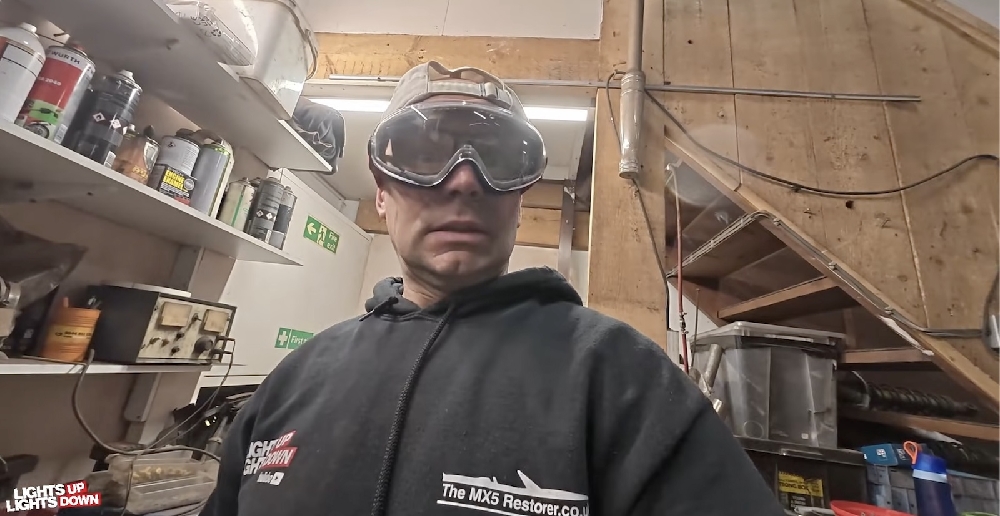 Chris at the MX5 Restorer with his welding goggles on